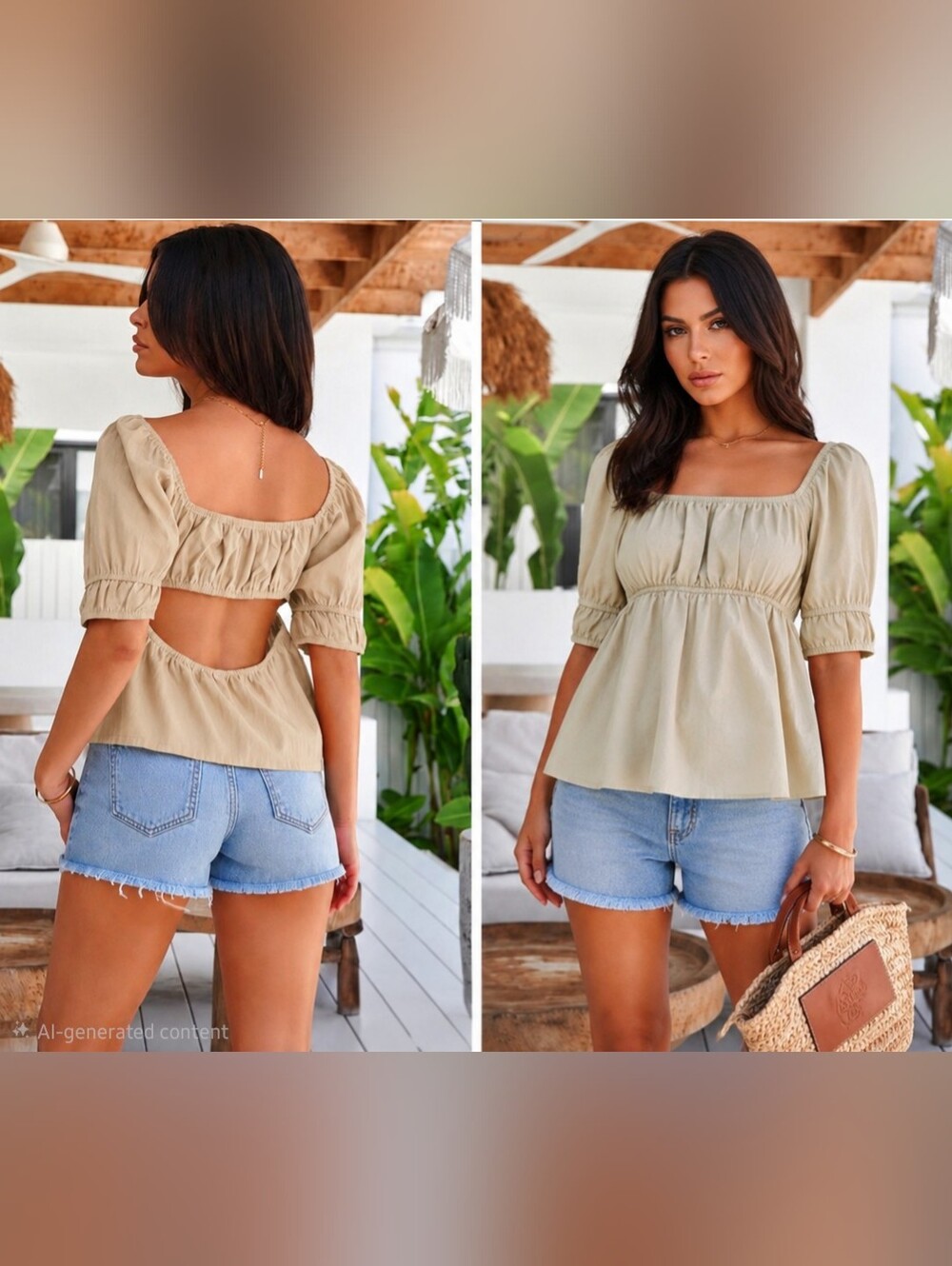 Tankaneo Open‎ Back Peplum Blouse Top Size Medium | Khaki/Tan | NWT